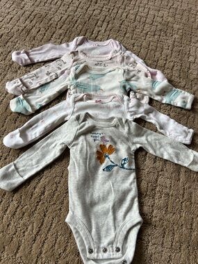 Carter's Gray Floral Embroidered Long-Sleeve Baby One-Piece (5 pack )